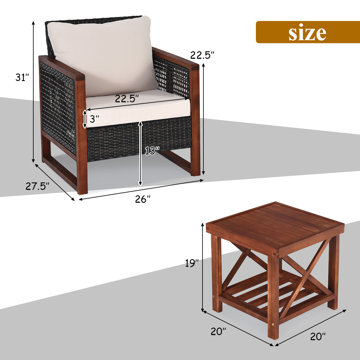 3 Pcs Patio Wicker Furniture Sofa Set with Wooden Frame and Cushion-Beige - Image 4