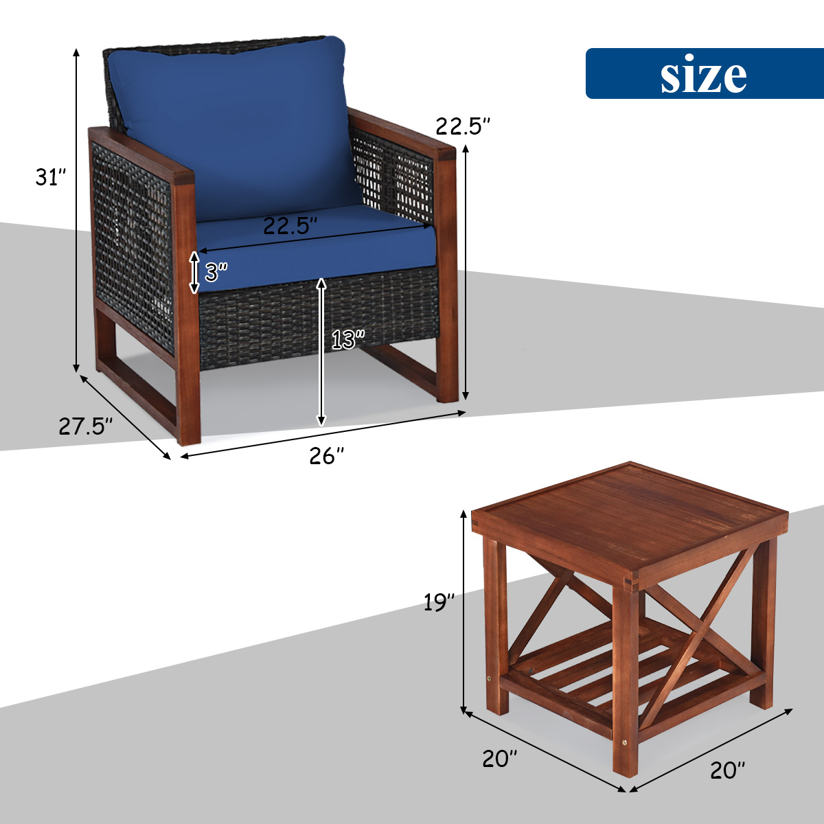 3 Pcs Patio Wicker Furniture Sofa Set with Wooden Frame and Cushion-Navy - Image 4