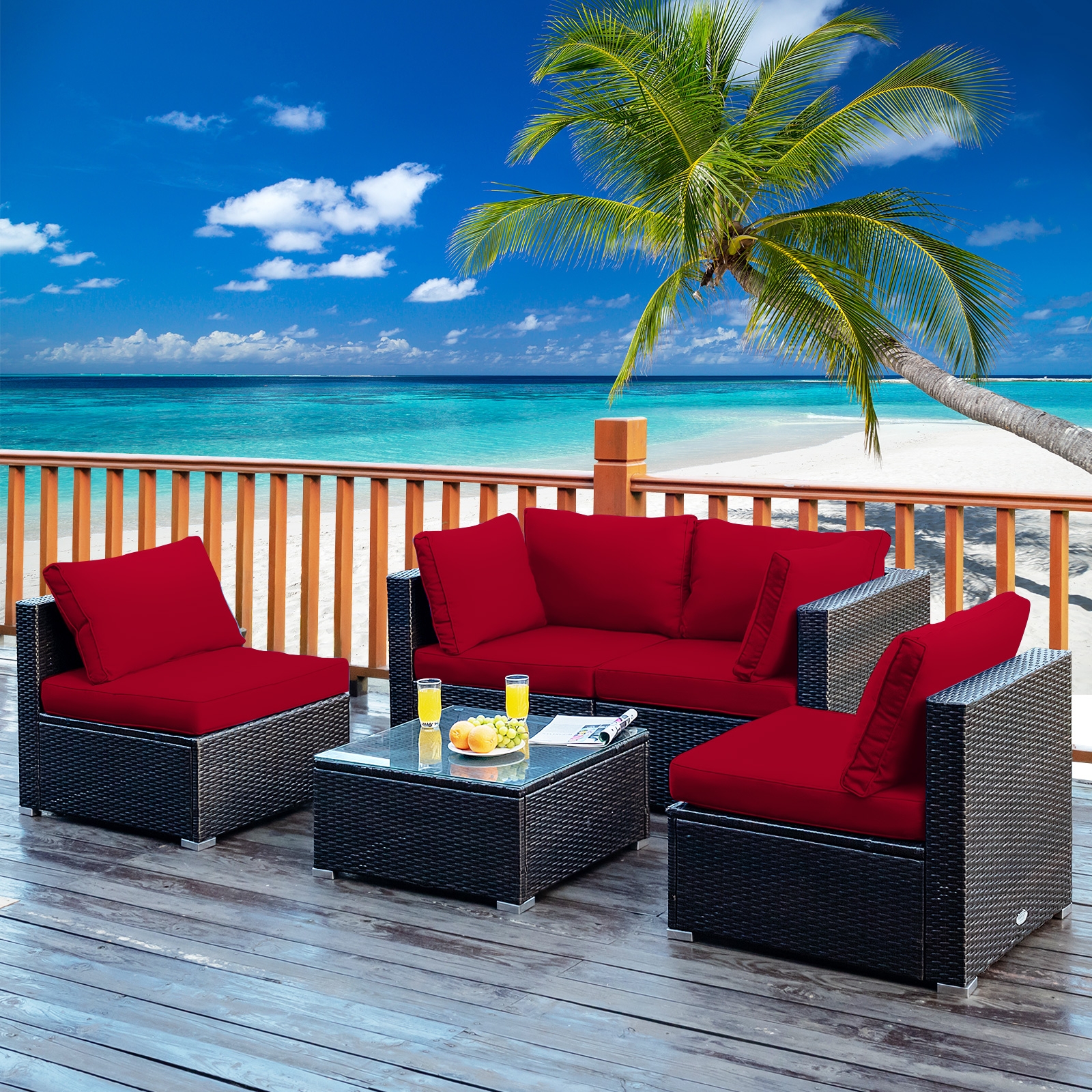 5 Pieces Cushioned Patio Rattan Furniture Set with Glass Table-Red - Image 7