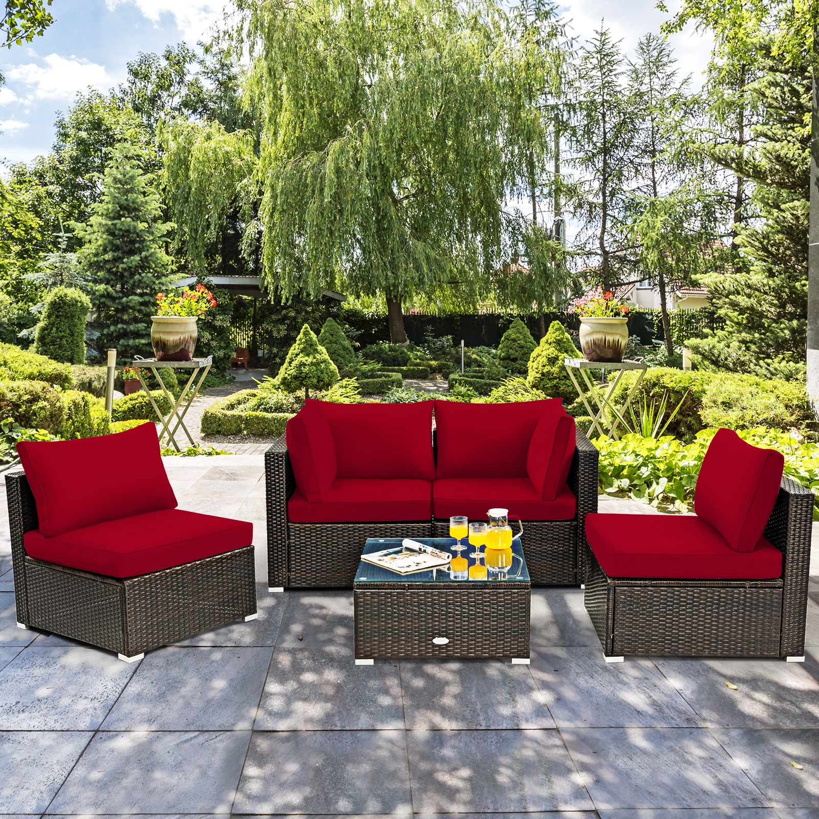 5 Pieces Cushioned Patio Rattan Furniture Set with Glass Table-Red - Image 6