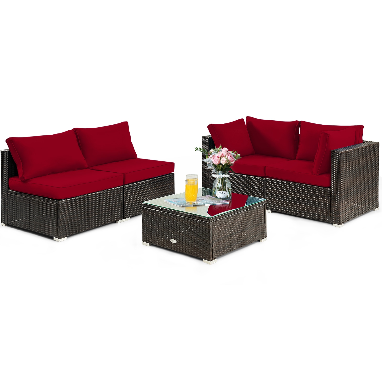 5 Pieces Cushioned Patio Rattan Furniture Set with Glass Table-Red - Image 3