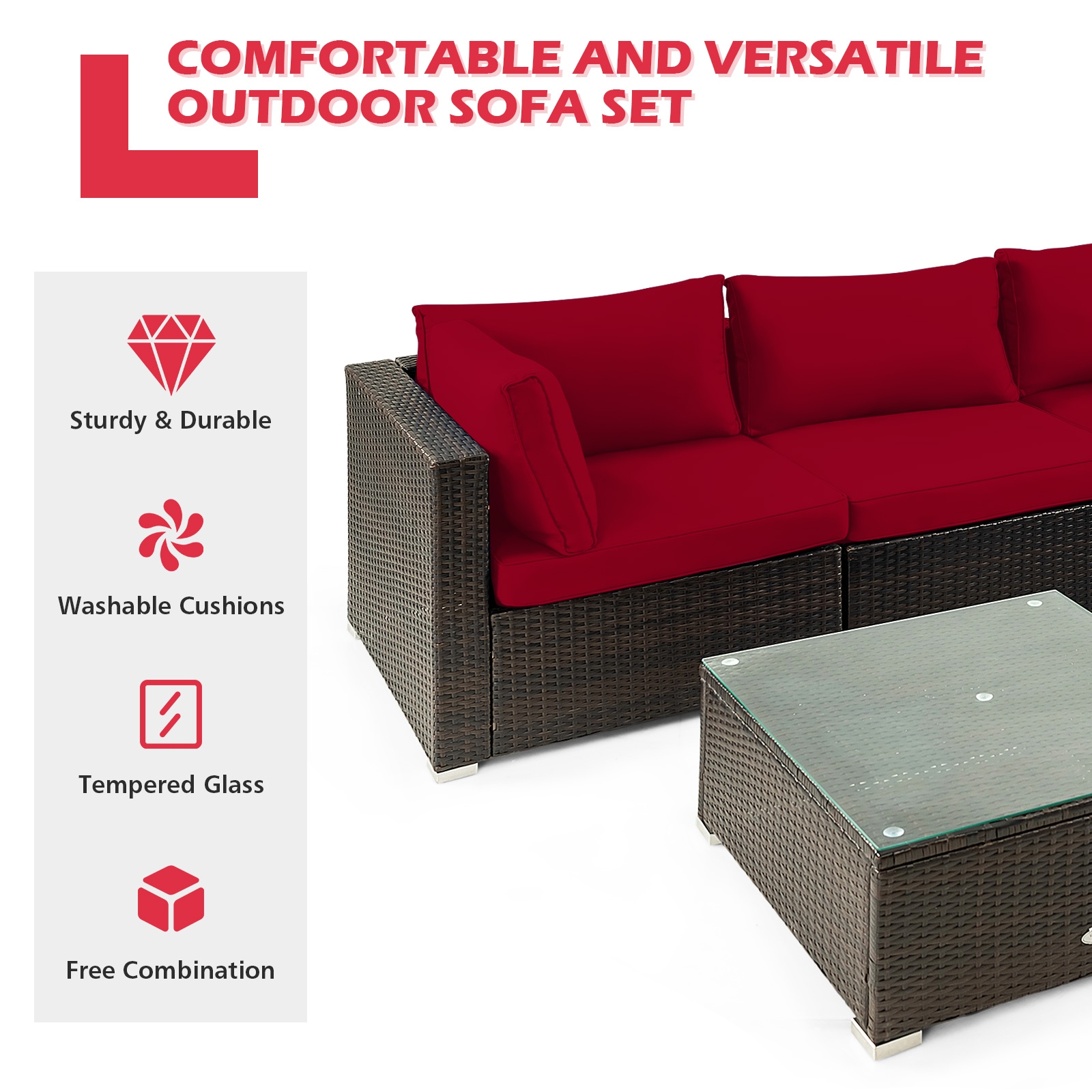 5 Pieces Cushioned Patio Rattan Furniture Set with Glass Table-Red - Image 5
