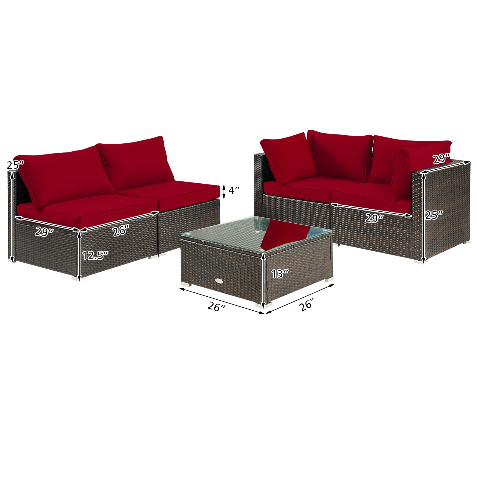 5 Pieces Cushioned Patio Rattan Furniture Set with Glass Table-Red - Image 4