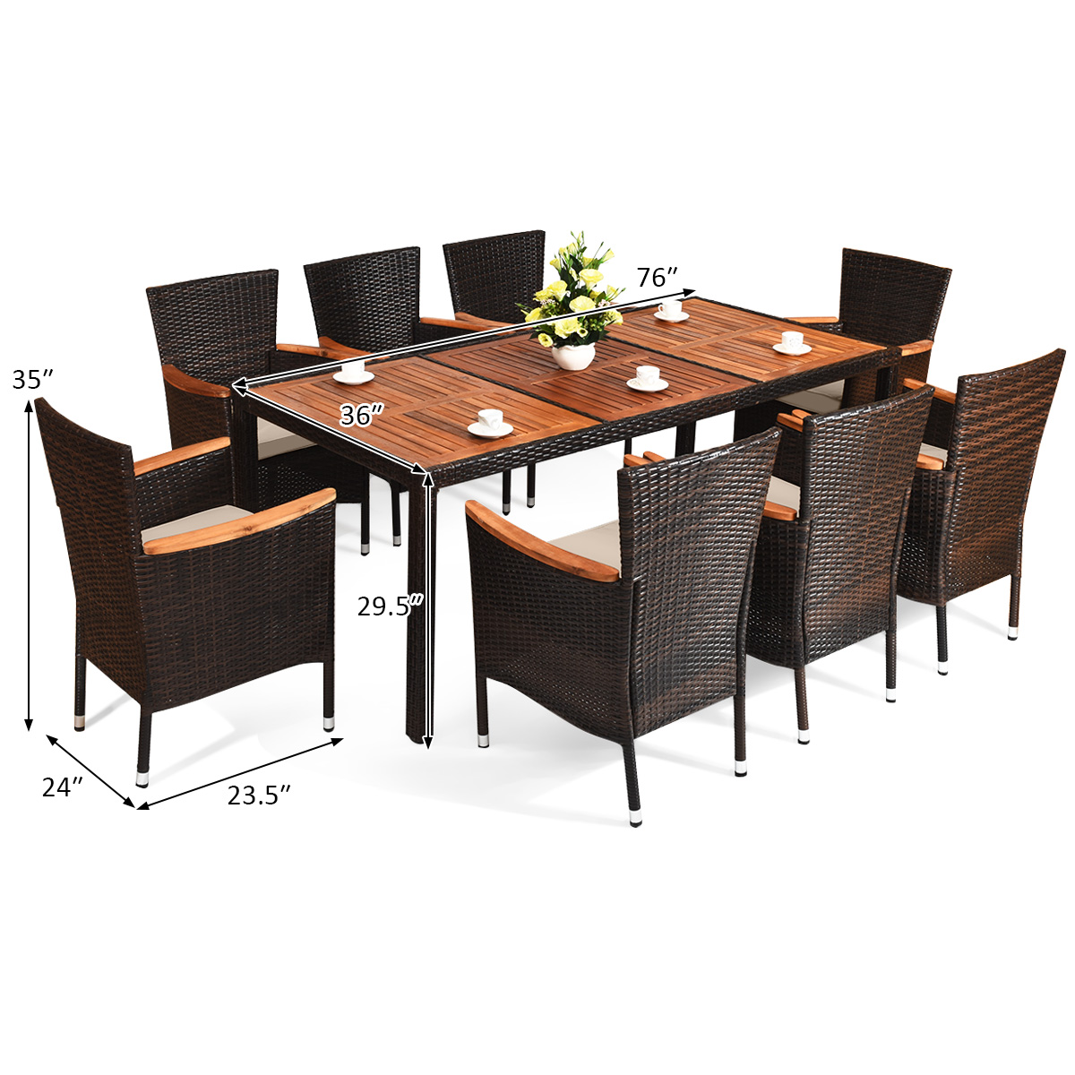 9 Pieces Rattan Dining Set with Acacia Wood Table and Stackable Cushioned Chairs - Image 4
