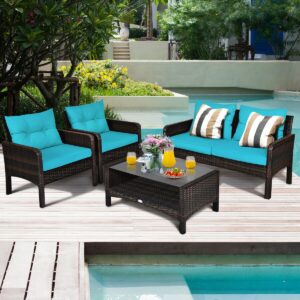 4 Pcs Outdoor Rattan Wicker Loveseat Furniture Set with Cushions-Turquoise