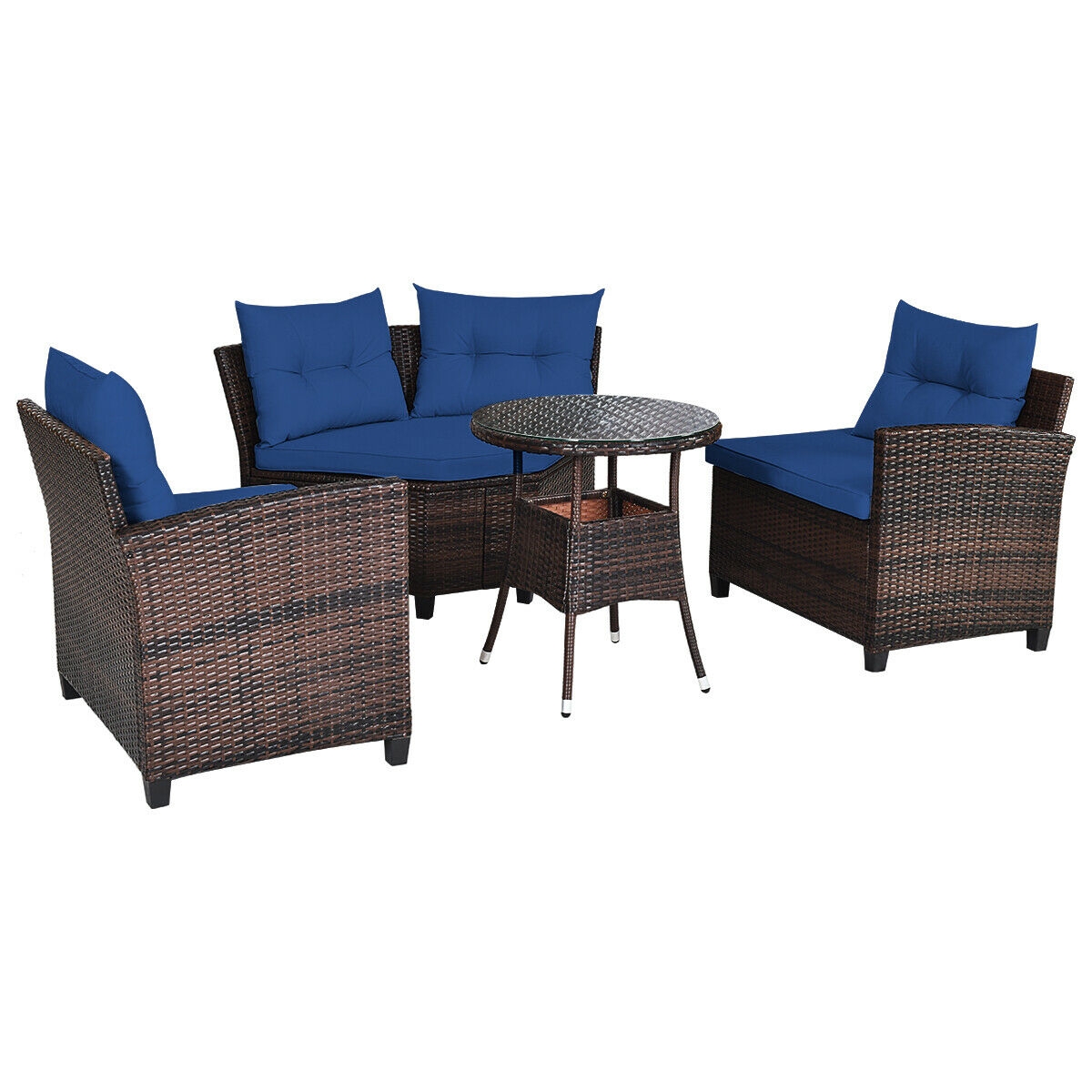 4 Pieces Outdoor Cushioned Rattan Furniture Set-Navy - Image 7
