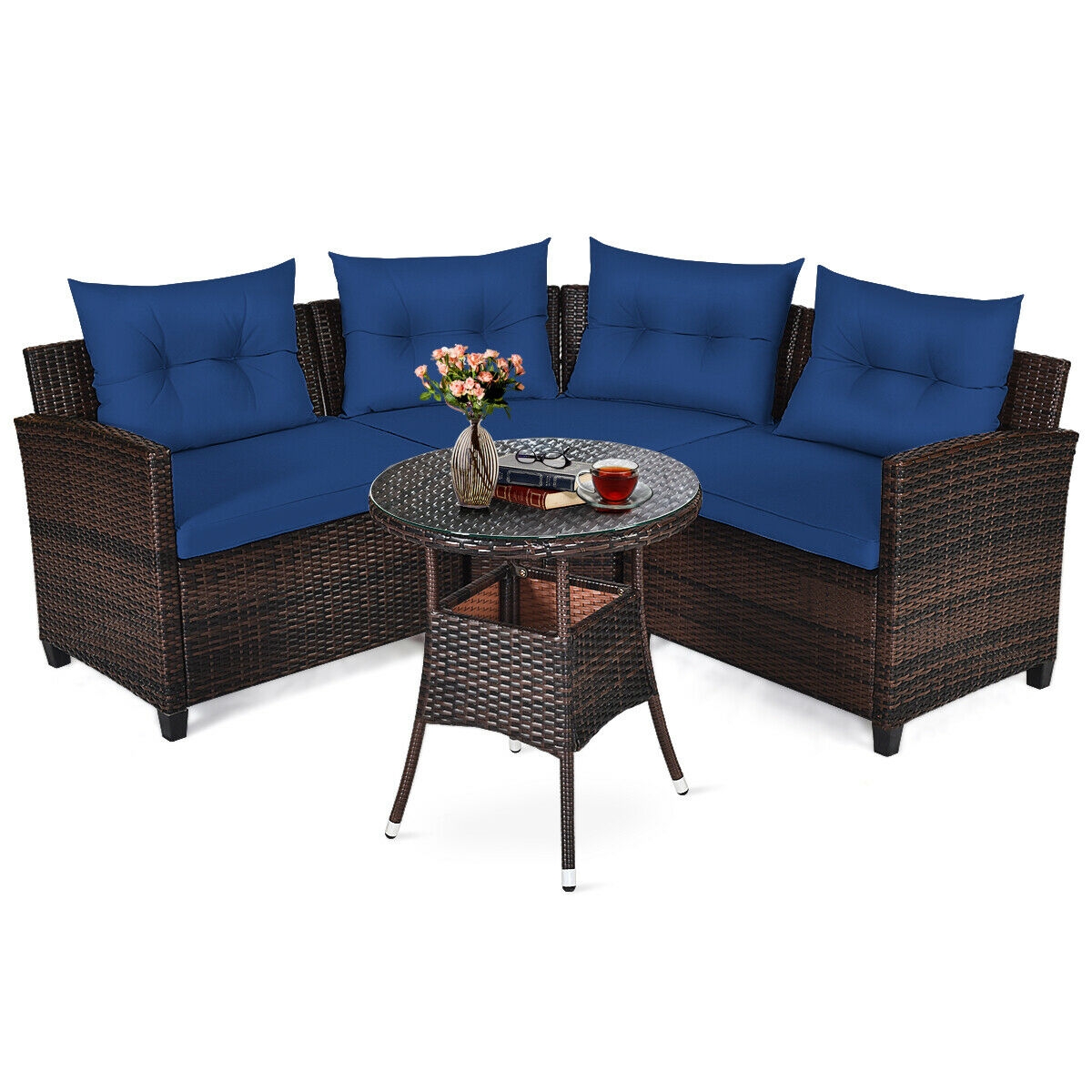 4 Pieces Outdoor Cushioned Rattan Furniture Set-Navy - Image 2