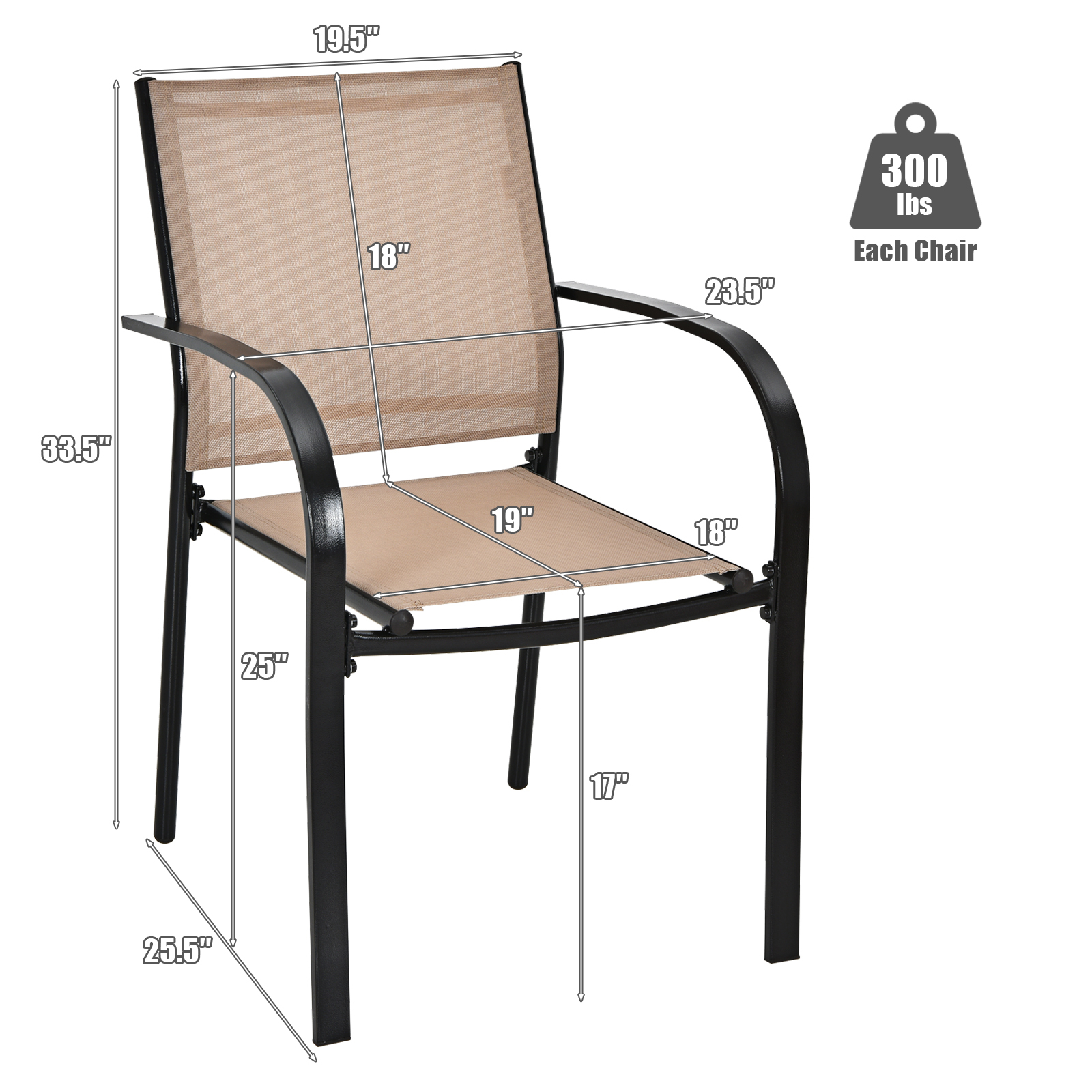 Set of 2 Patio Stackable Dining Chairs with Armrests Garden Deck-Brown - Image 4