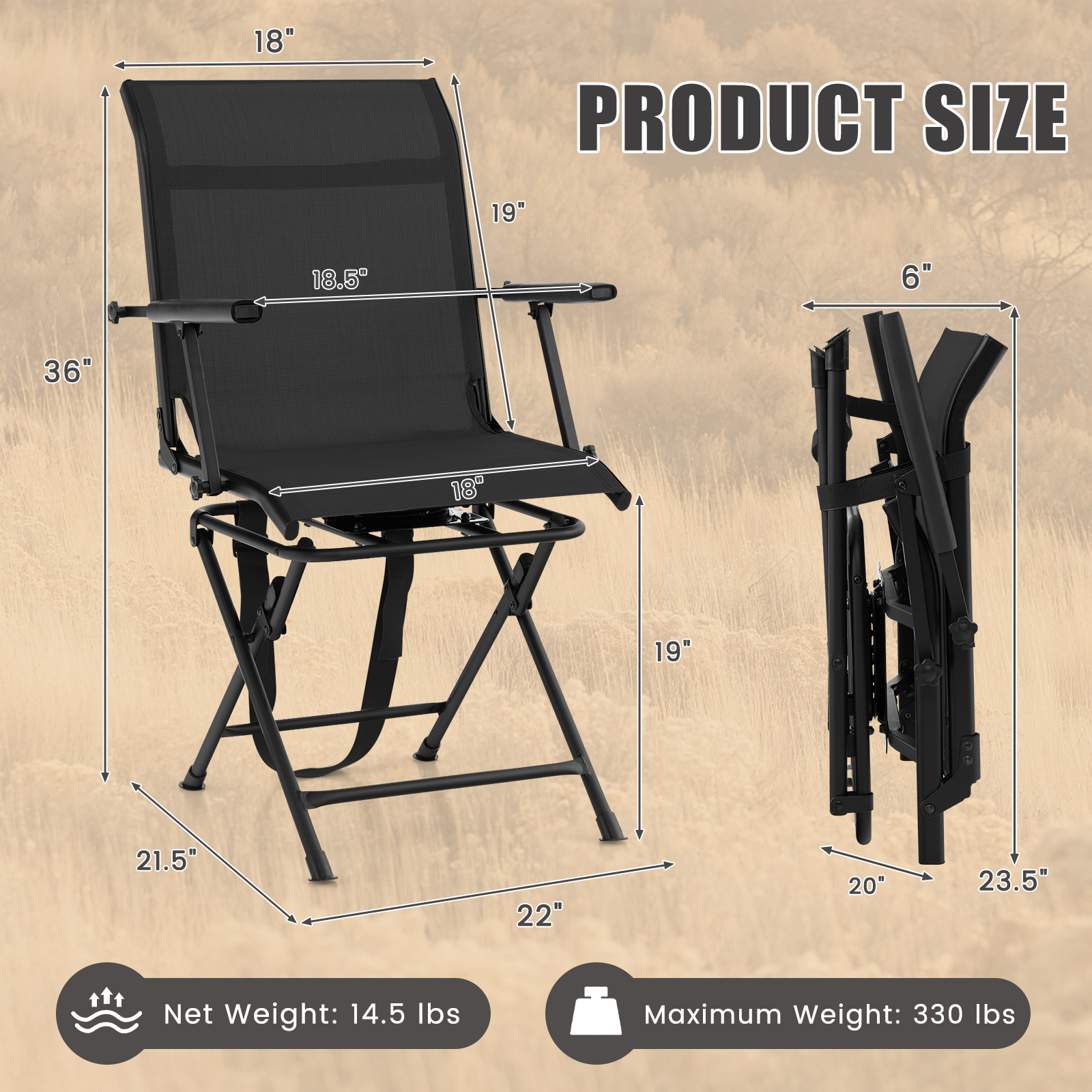 Foldable Swivel Patio Chair with Armrest and Mesh Back-Black - Image 4