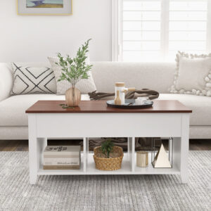 Lift Top Coffee Table w/ Hidden Compartment and Storage Shelves-White