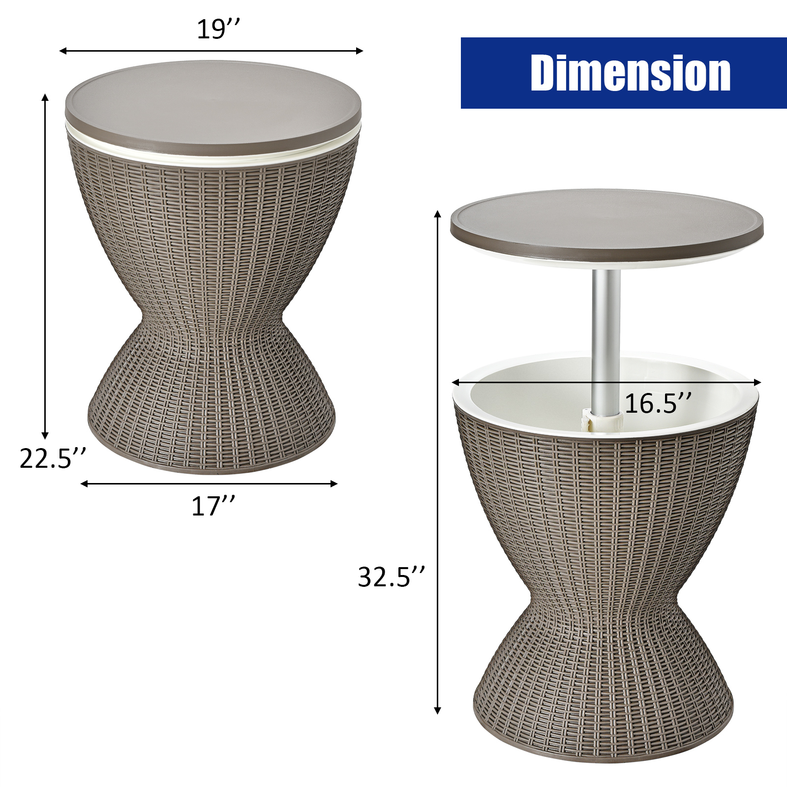 3 in 1 8 Gallon Patio Rattan Cooler Bar Table with Adjust Ice Bucket-Brown - Image 4
