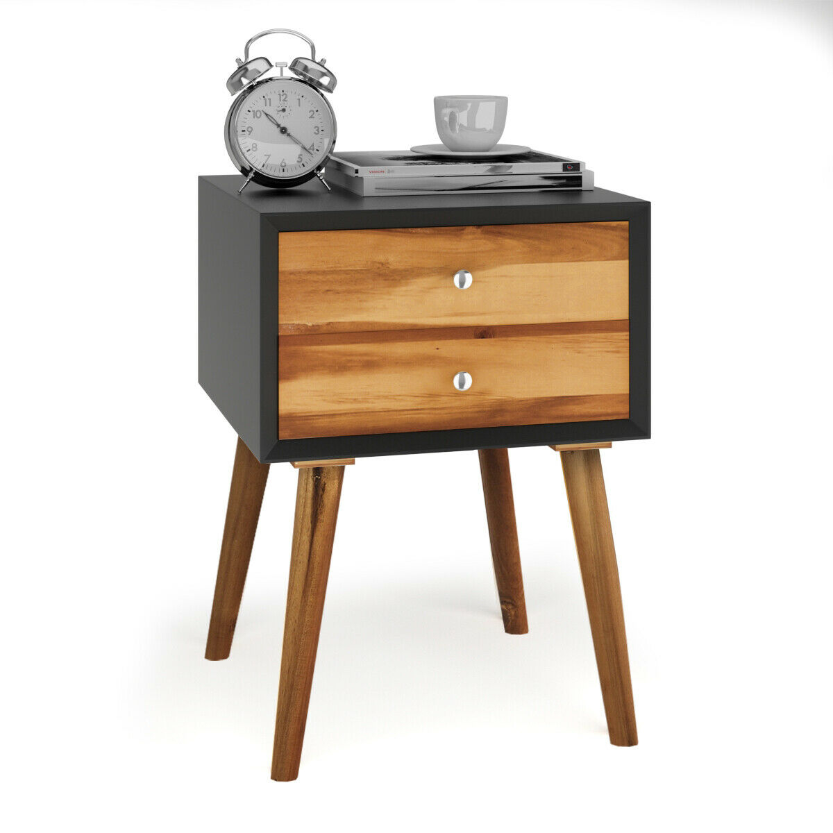 Mid-Century Wooden Multipurpose End Table with 2 Storage Drawers-Black - Image 3