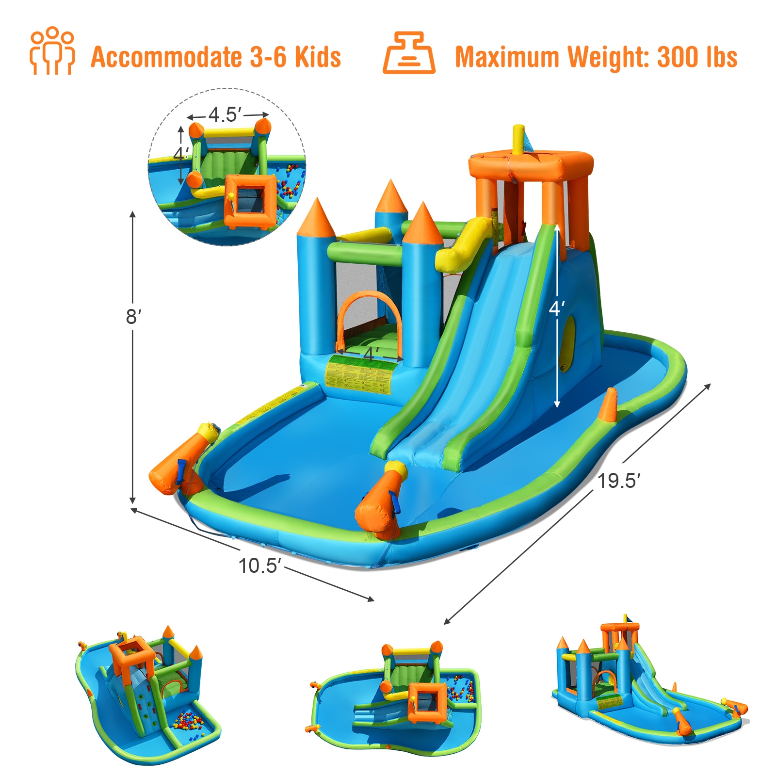 Inflatable Water Slide with Bounce House and Splash Pool without Blower for Kids - Image 3