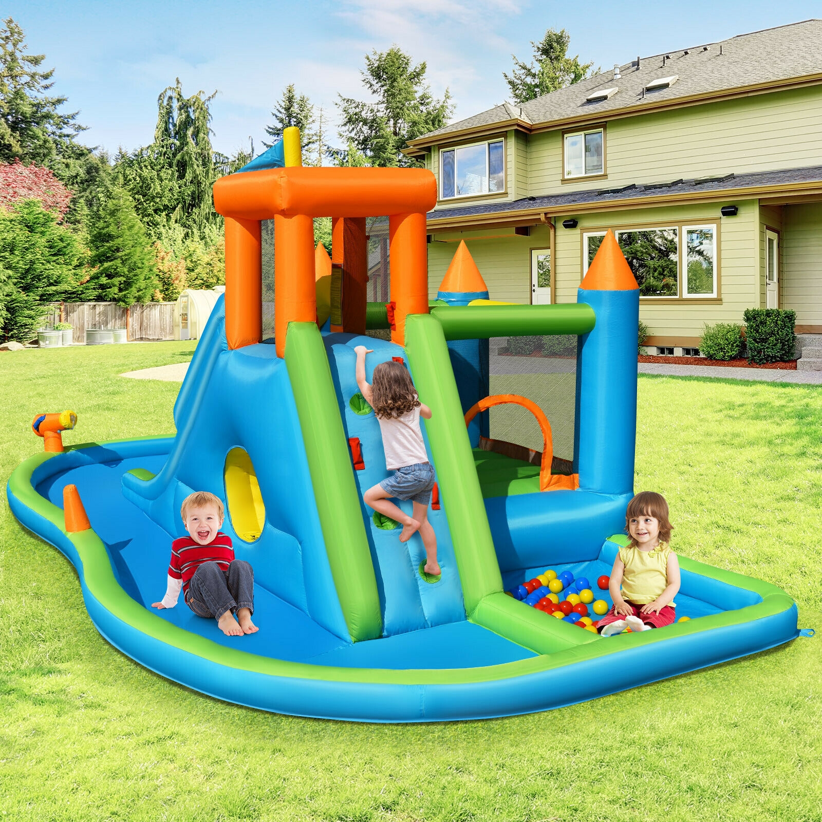 Inflatable Water Slide Kids Bounce House Splash Water Pool with Blower - Image 4