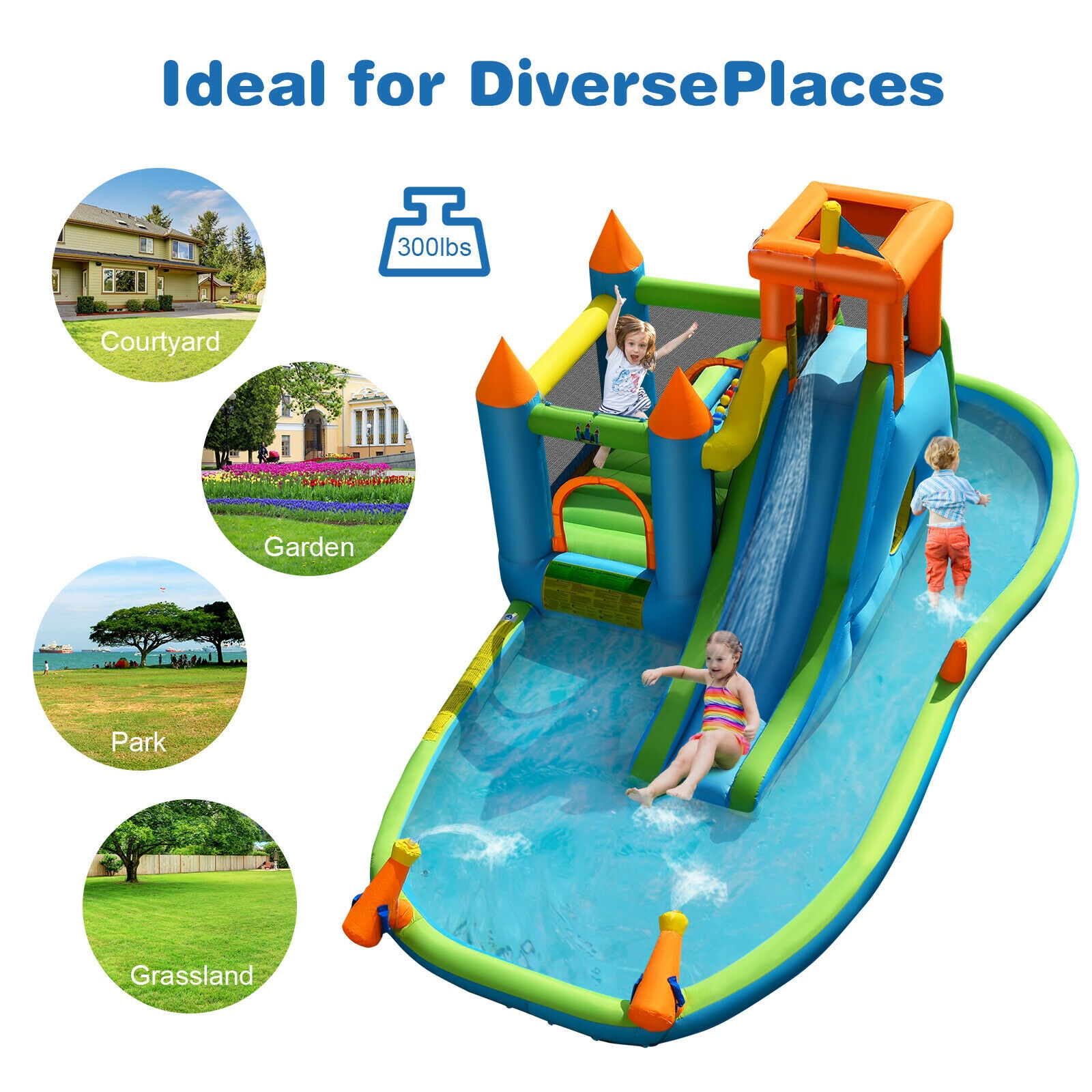 Inflatable Water Slide Kids Bounce House Splash Water Pool with Blower - Image 7