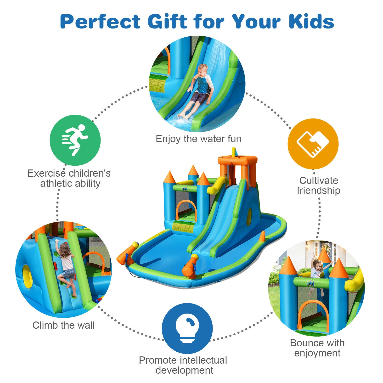 Inflatable Water Slide Kids Bounce House Splash Water Pool with Blower - Image 6