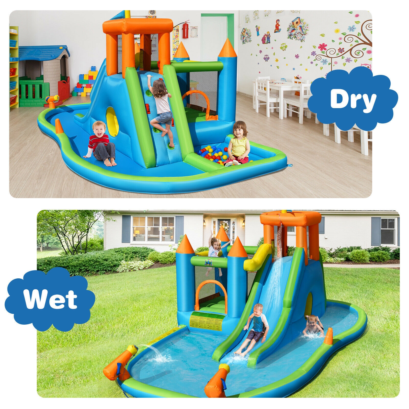 Inflatable Water Slide Kids Bounce House Splash Water Pool with Blower - Image 5