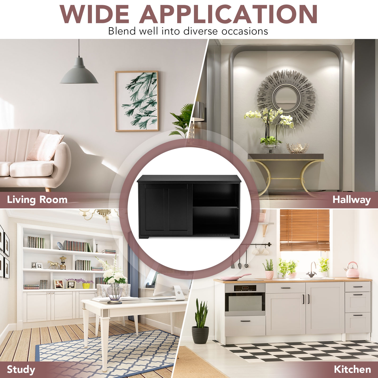 Kitchen Storage Cupboard Cabinet with Sliding Door-Black - Image 7