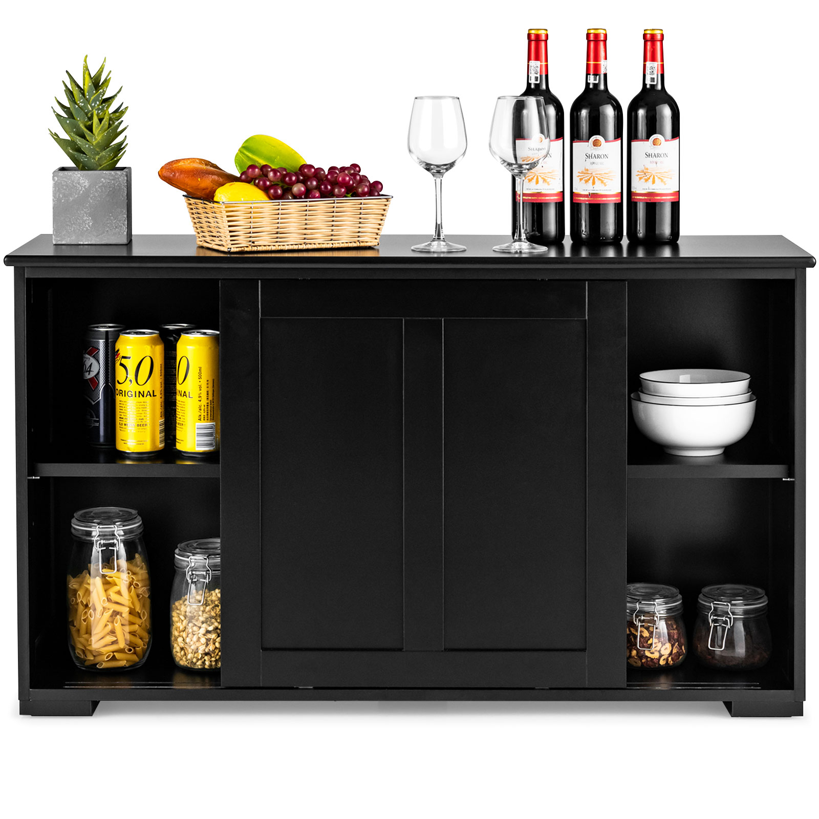 Kitchen Storage Cupboard Cabinet with Sliding Door-Black - Image 3