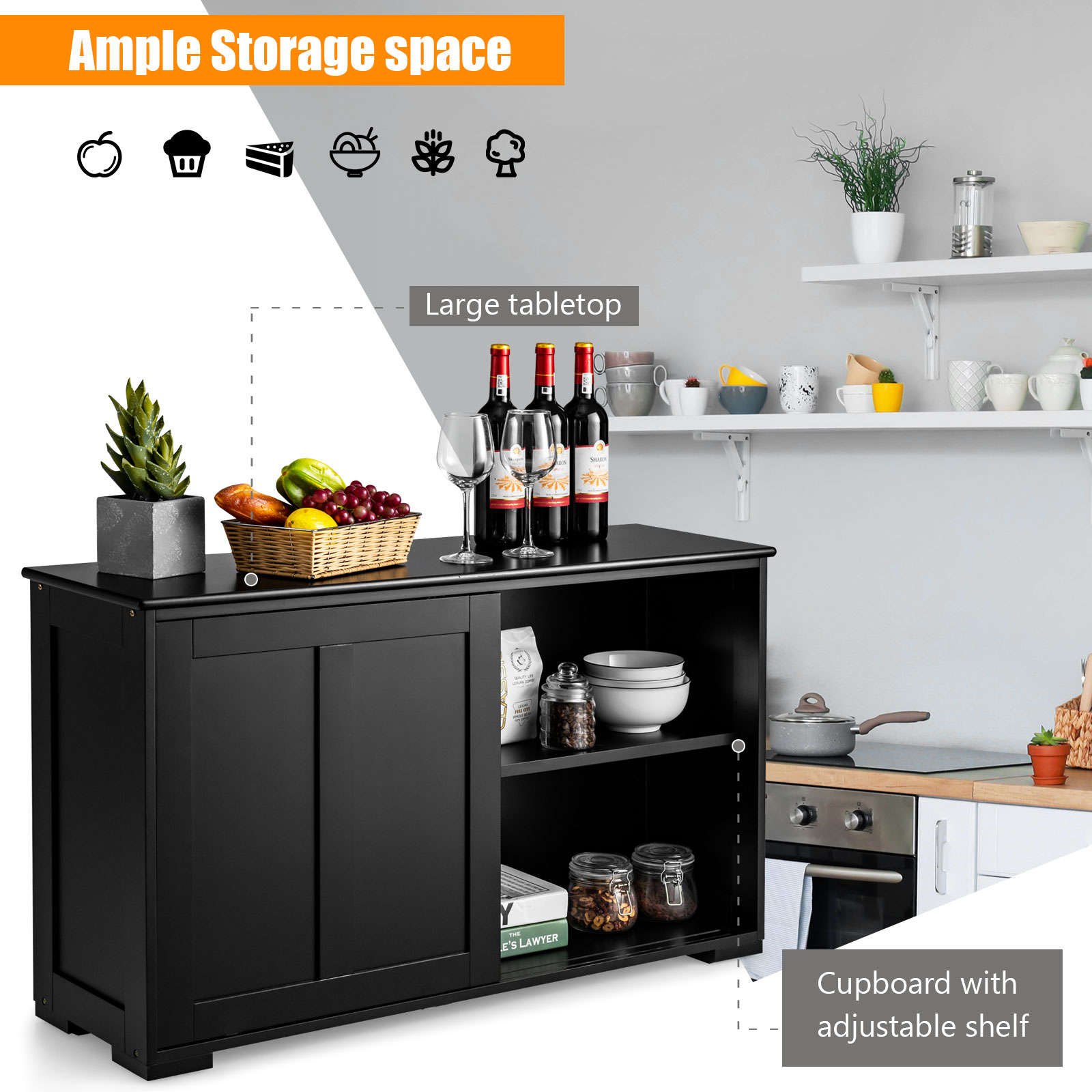 Kitchen Storage Cupboard Cabinet with Sliding Door-Black - Image 5