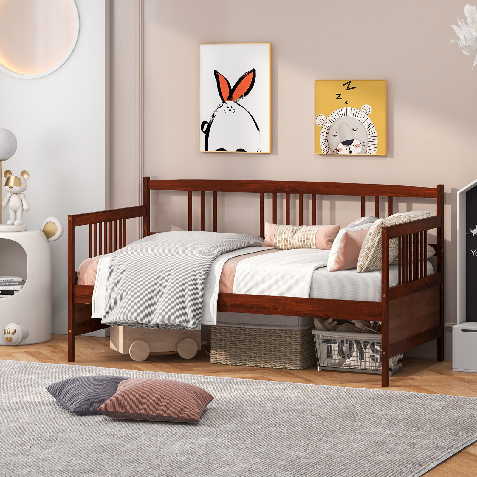 Twin Size Wooden Slats Daybed Bed with Rails-Cherry - Image 5