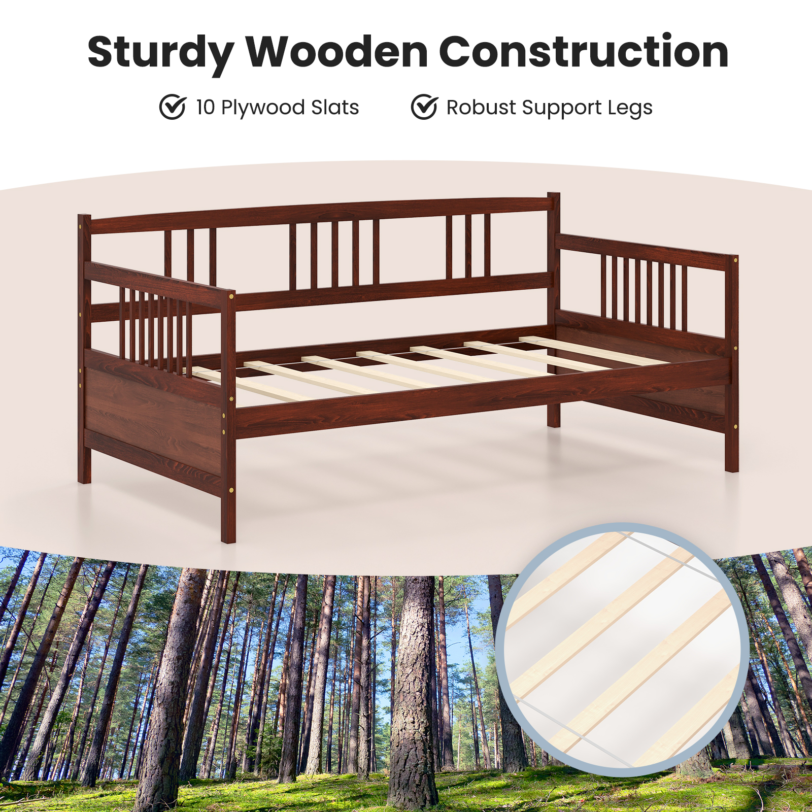 Twin Size Wooden Slats Daybed Bed with Rails-Cherry - Image 6