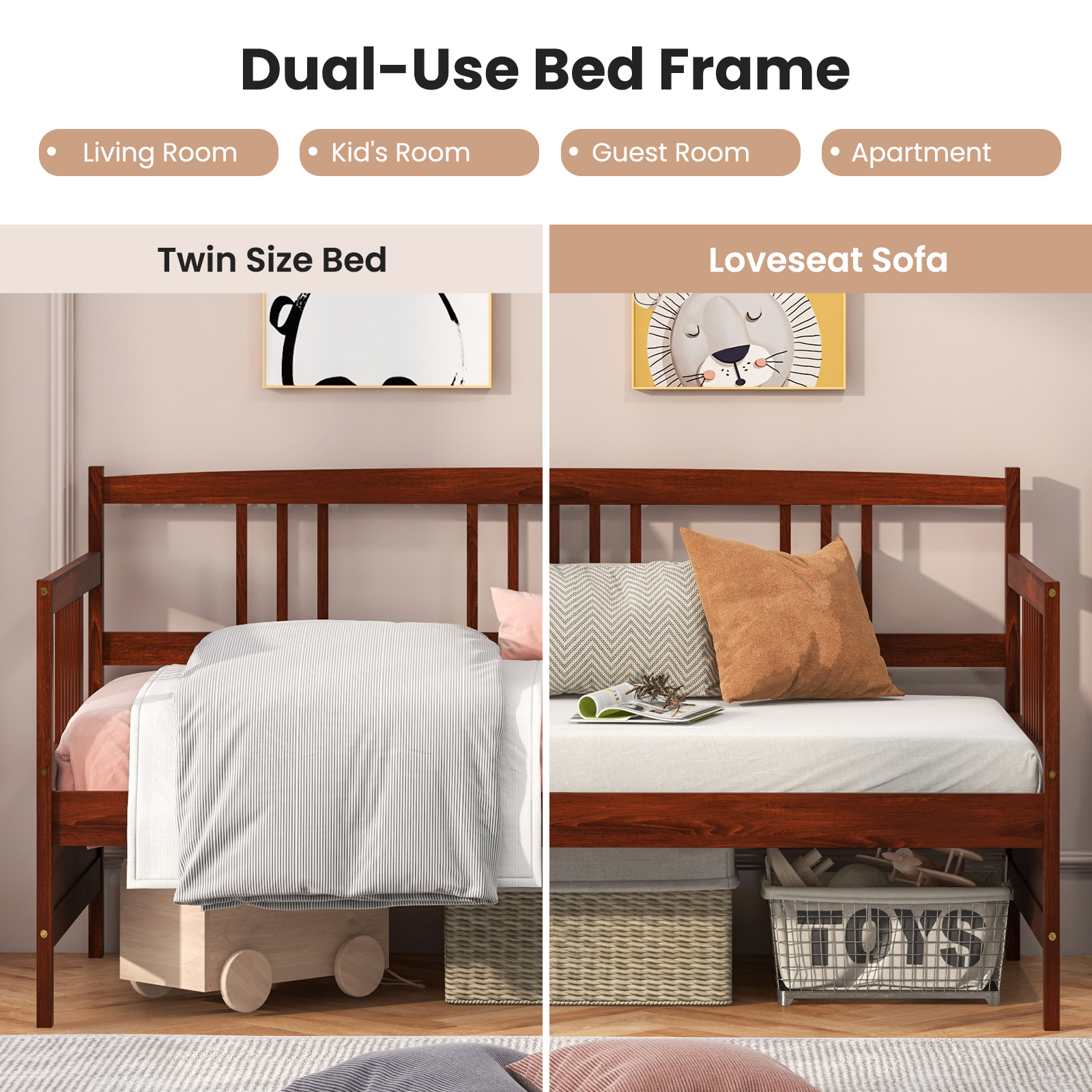 Twin Size Wooden Slats Daybed Bed with Rails-Cherry - Image 7