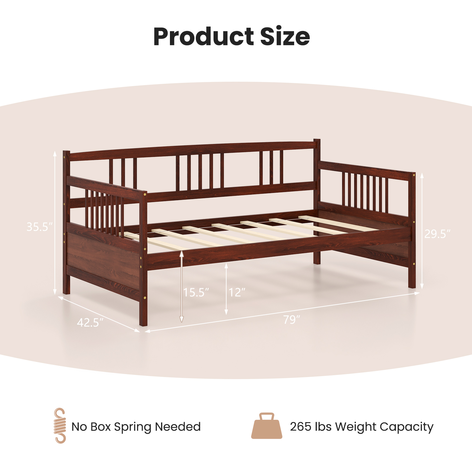 Twin Size Wooden Slats Daybed Bed with Rails-Cherry - Image 4