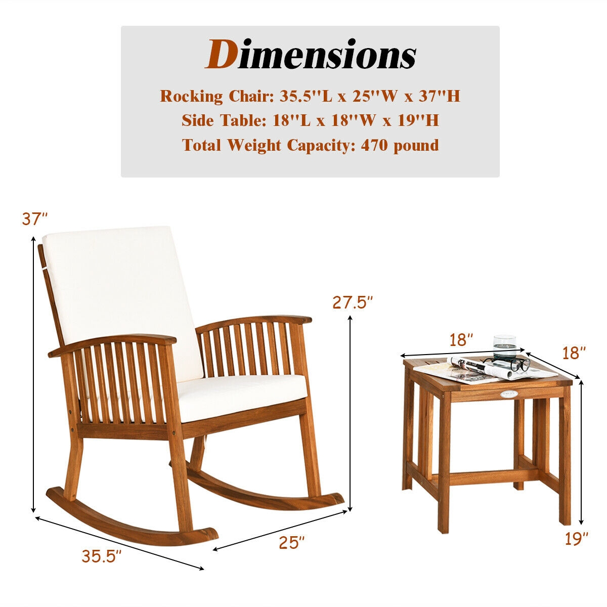 2 Pieces Acacia Wood Patio Rocking Chair Table Set - Image 3