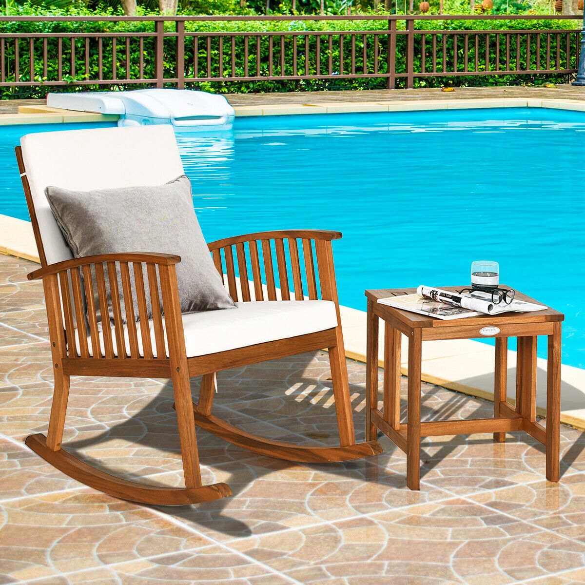 2 Pieces Acacia Wood Patio Rocking Chair Table Set - Image 5