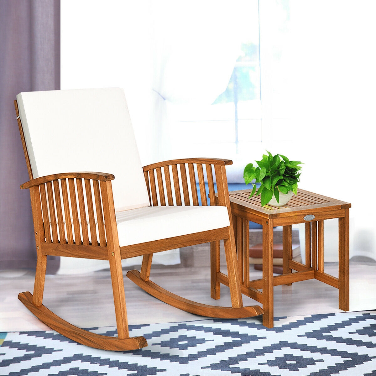 2 Pieces Acacia Wood Patio Rocking Chair Table Set - Image 6