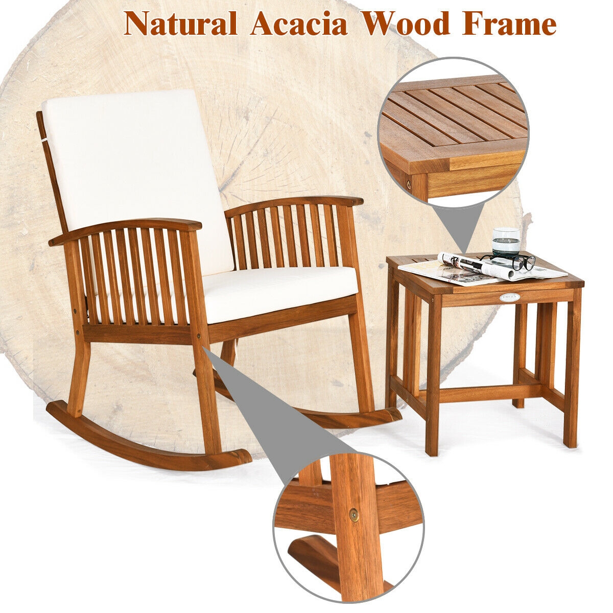2 Pieces Acacia Wood Patio Rocking Chair Table Set - Image 4