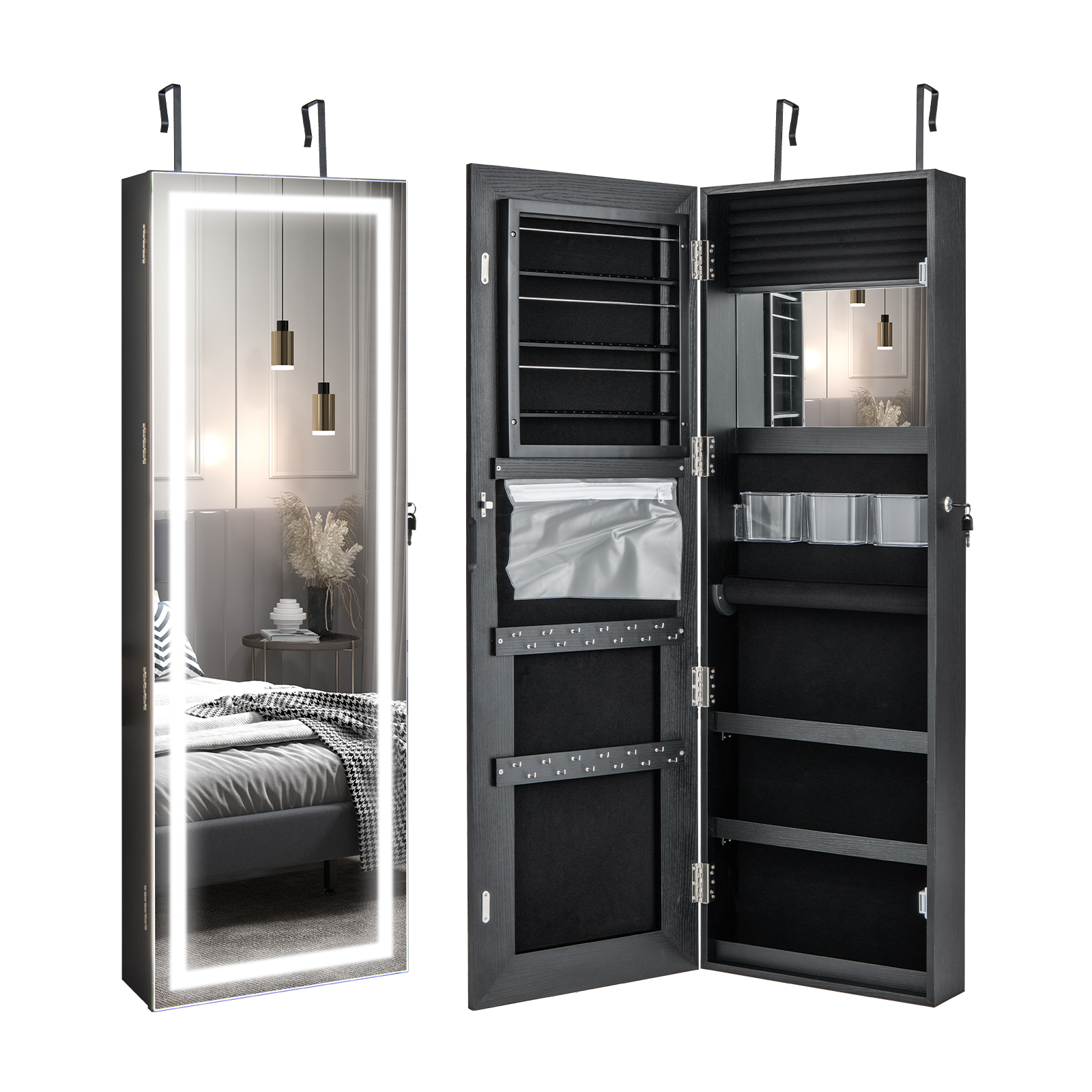 Door Wall Mount Touch Screen Mirrored Jewelry Cabinet-Black - Image 3