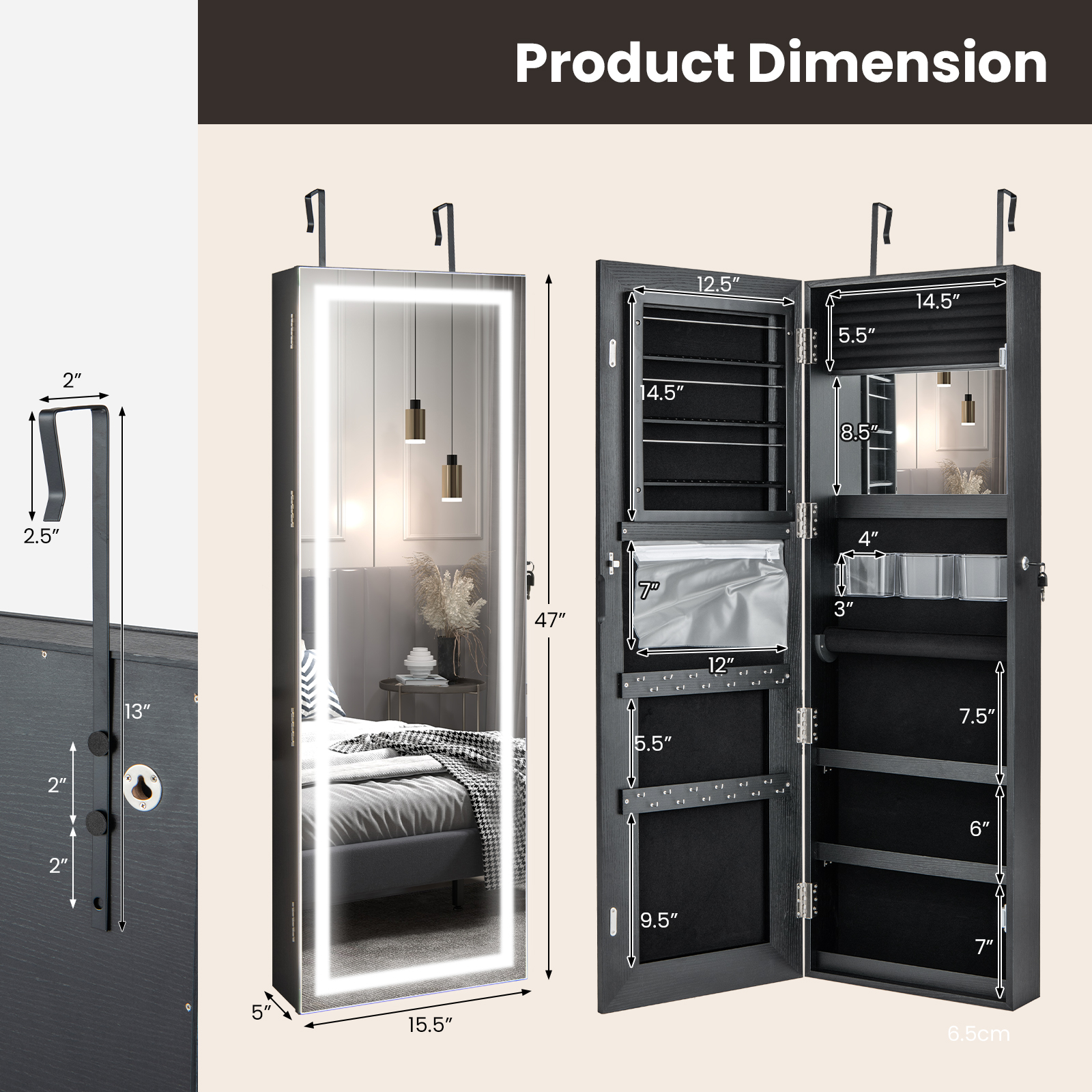 Door Wall Mount Touch Screen Mirrored Jewelry Cabinet-Black - Image 4
