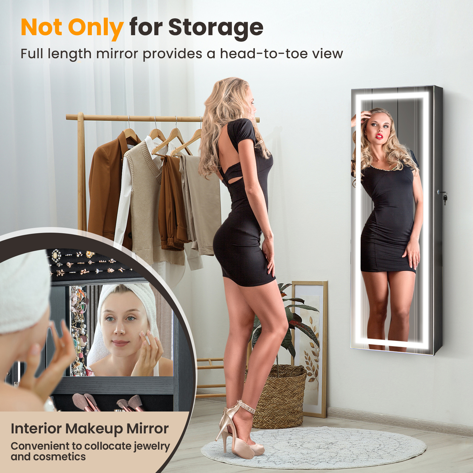 Door Wall Mount Touch Screen Mirrored Jewelry Cabinet-Black - Image 5