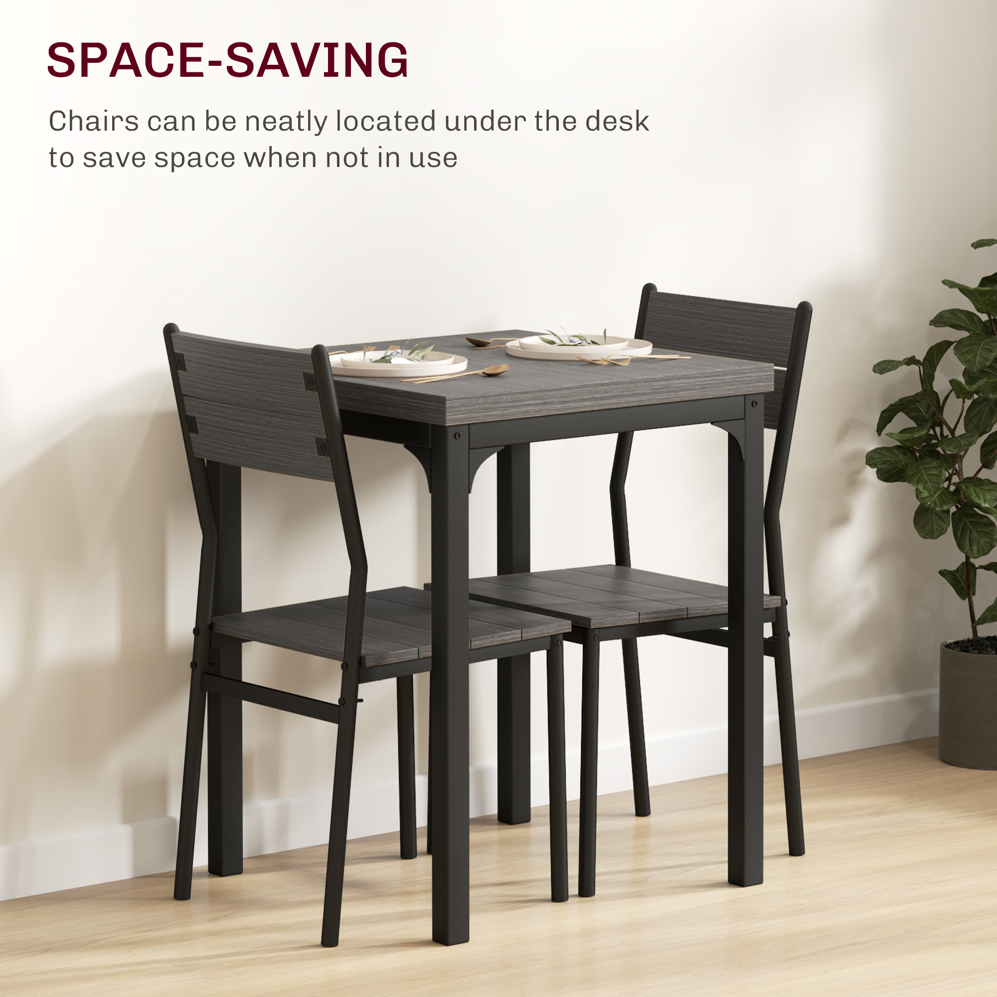 Dining Table Set for 2, 3 Piece Kitchen Table and Chairs with Metal Legs for Small Spaces, Grey Wood Effect - Image 2