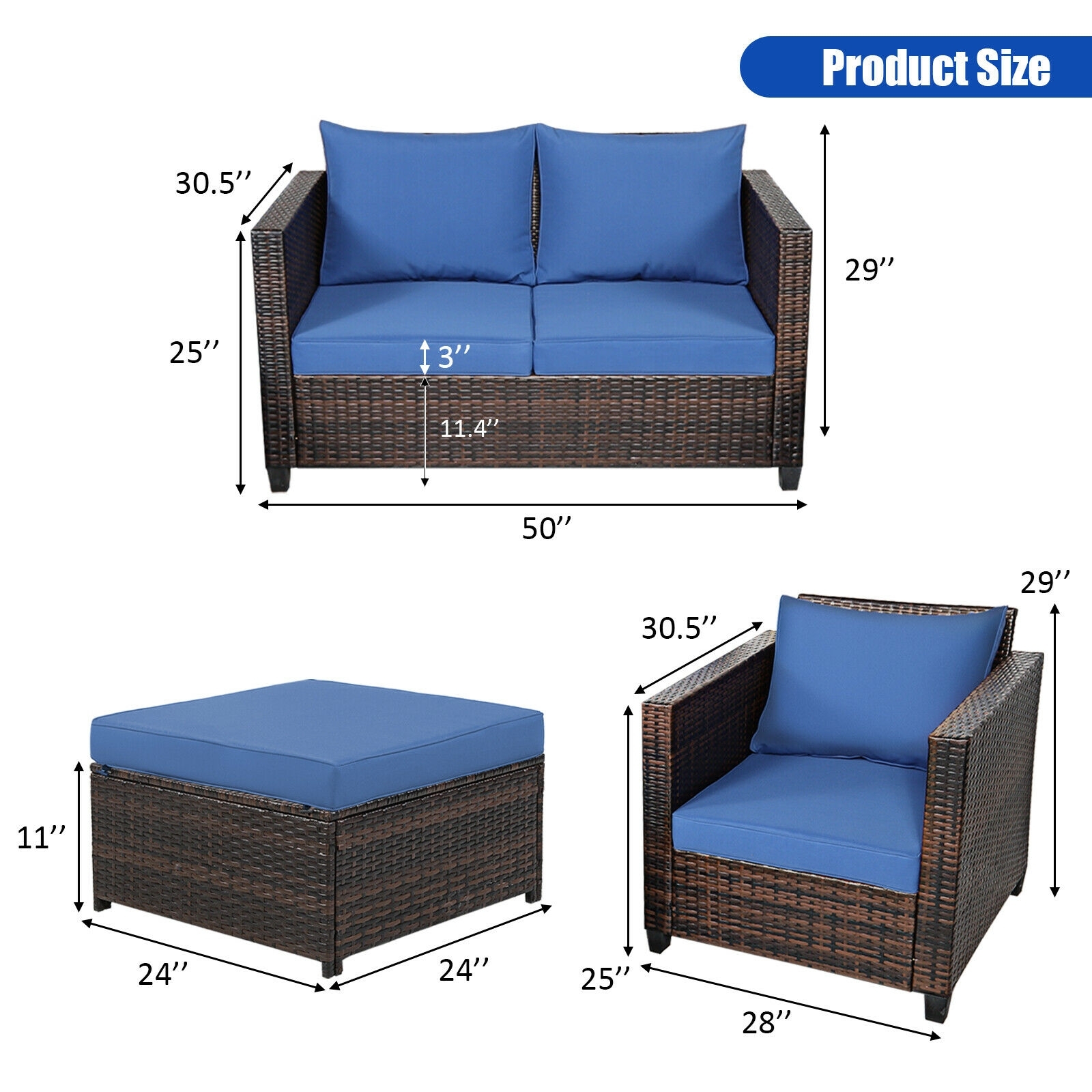 5 Pieces Patio Cushioned Rattan Furniture Set-Navy - Image 4