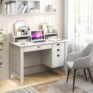 Vintage Computer Desk with Storage Shelves and 4 Drawers-White
