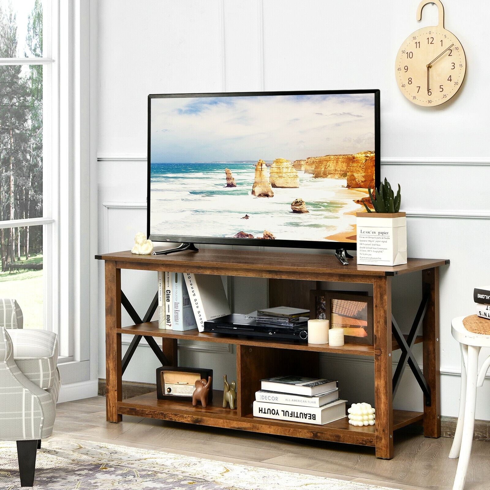 Modern Farmhouse TV Stand Entertainment Center for TV's up to 55-Inch with Open Shelves-Brown - Image 7