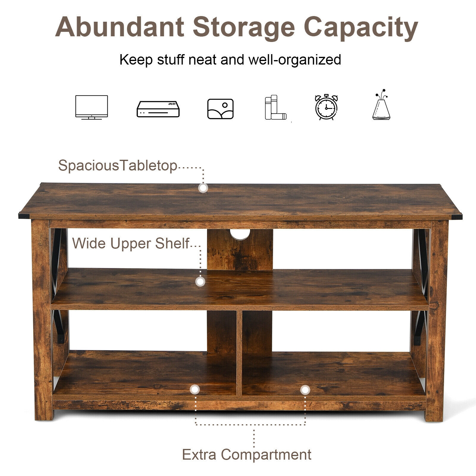 Modern Farmhouse TV Stand Entertainment Center for TV's up to 55-Inch with Open Shelves-Brown - Image 6