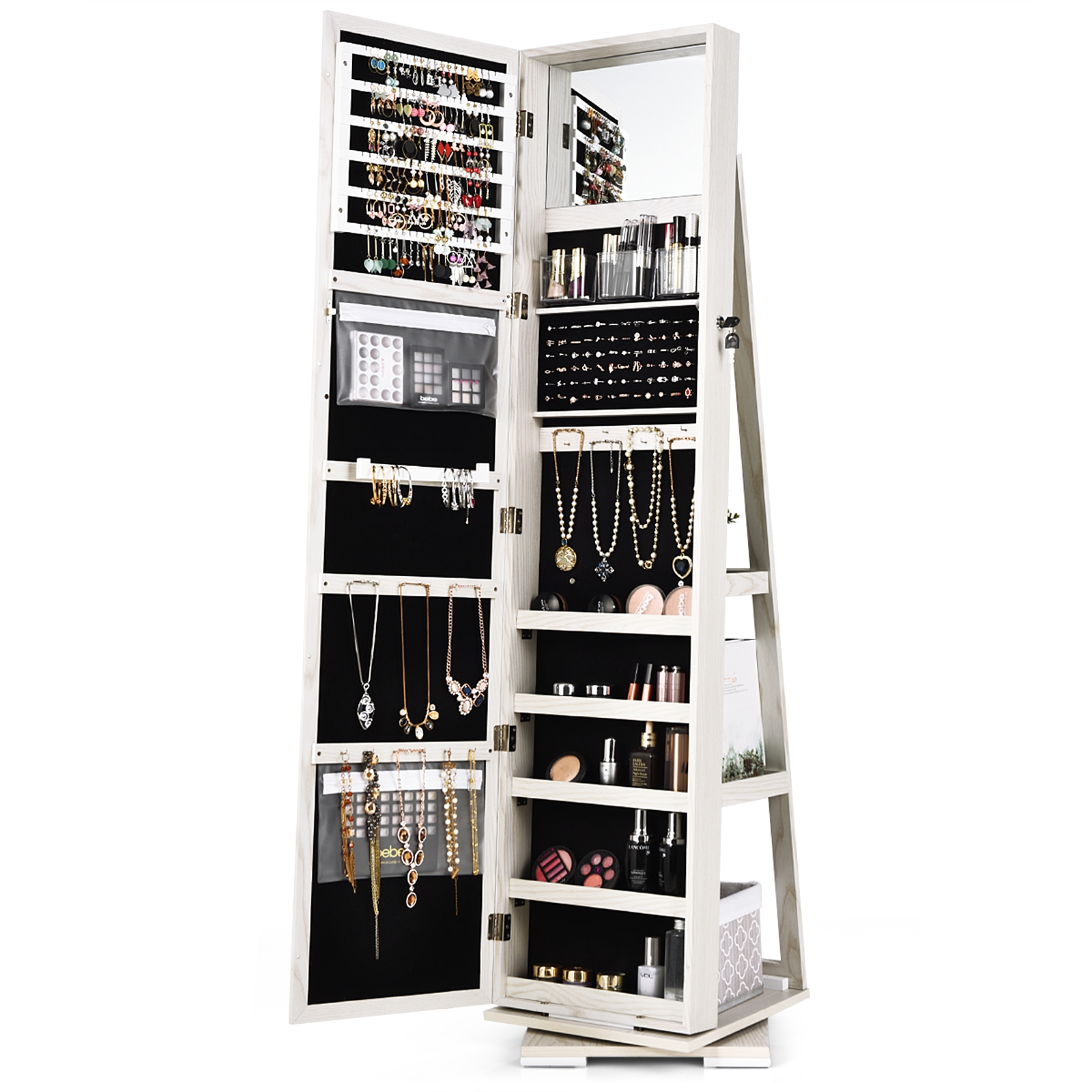 360° Rotatable 2-in-1 Lockable Jewelry Cabinet with Full-Length Mirror-White - Image 3