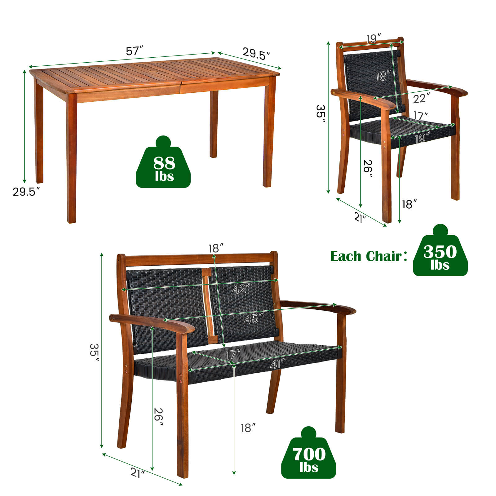 4 Pieces Acacia Wood Patio Rattan Dining Furniture Set - Image 4