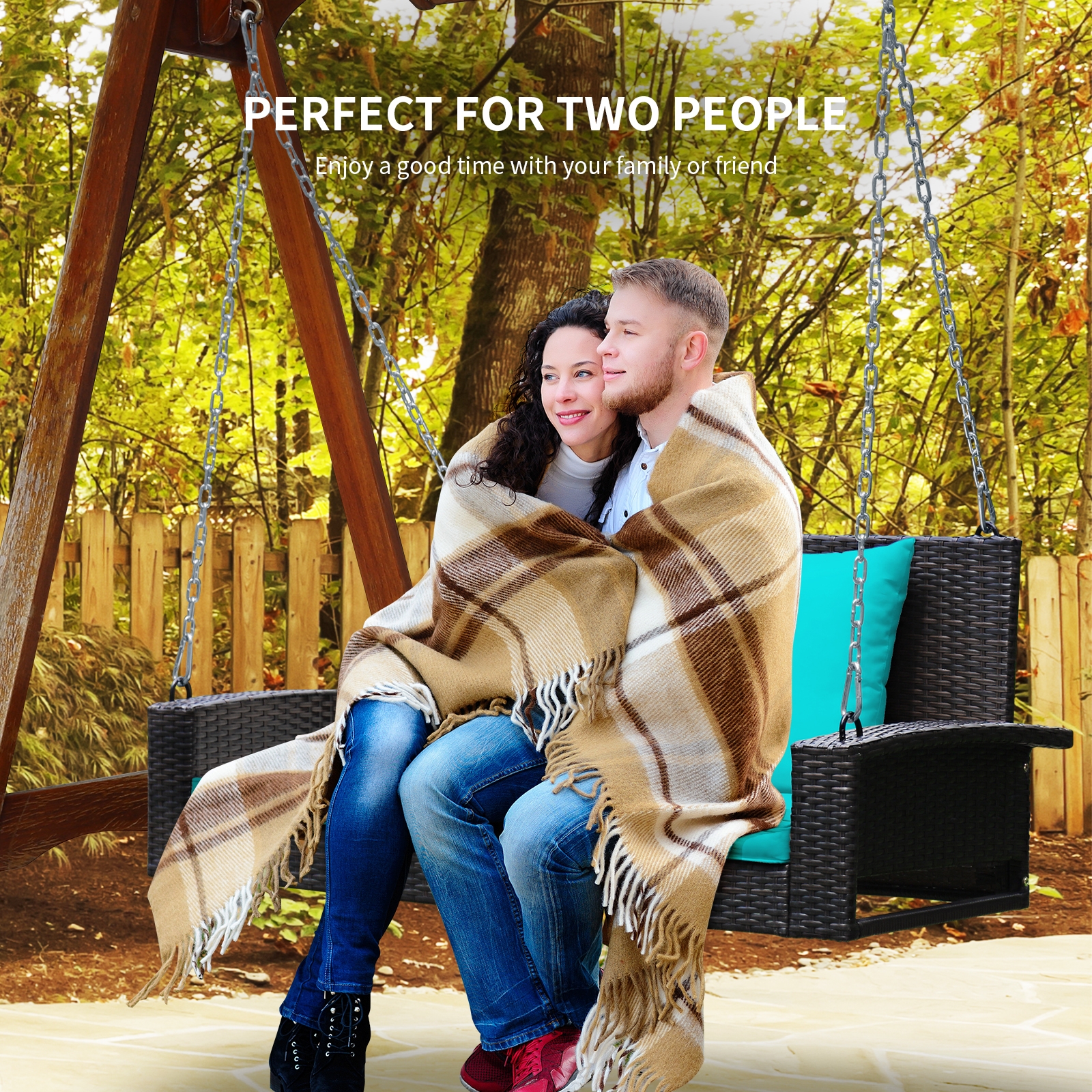 2-Person Patio Rattan Porch Swing with Cushions-Turquoise - Image 7
