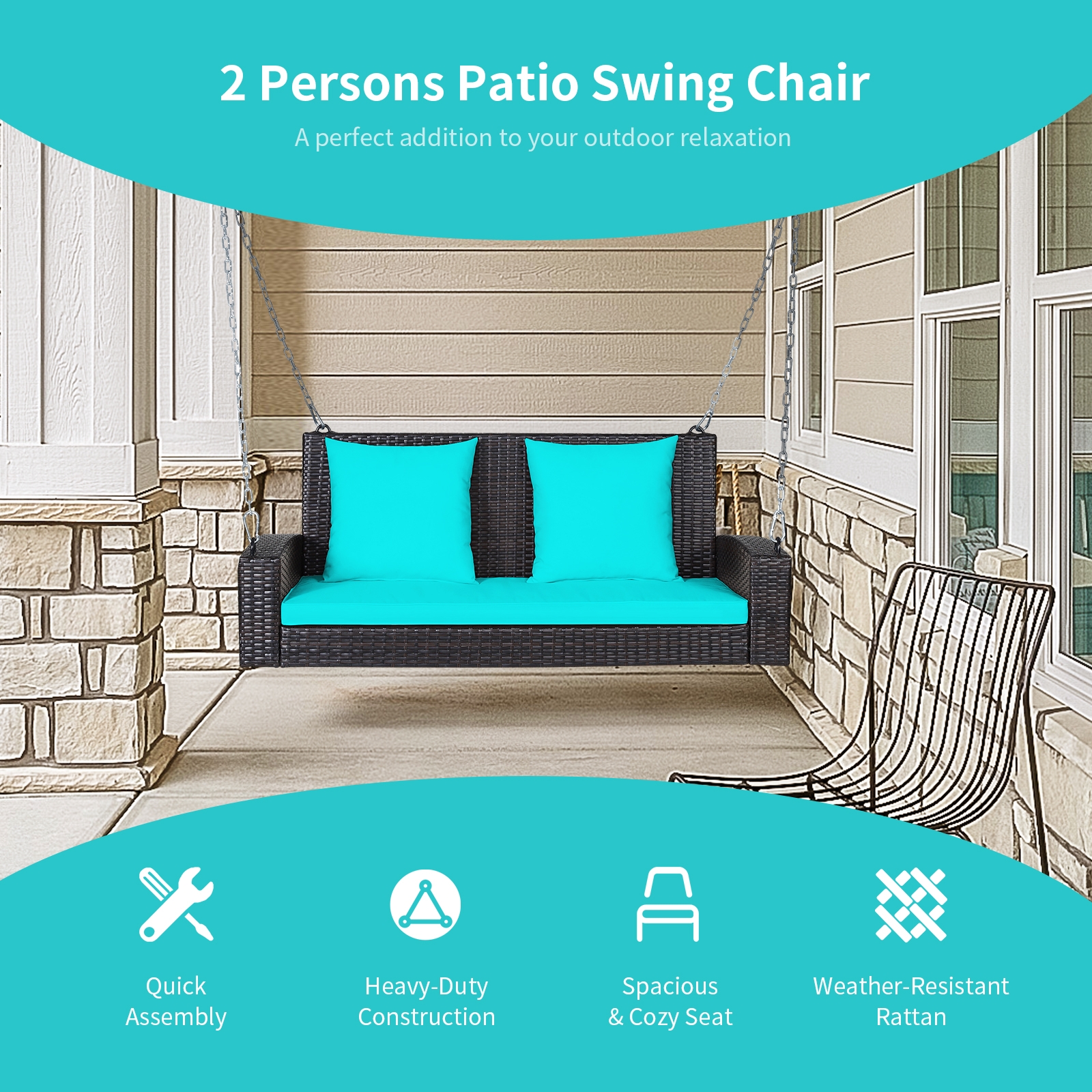 2-Person Patio Rattan Porch Swing with Cushions-Turquoise - Image 5