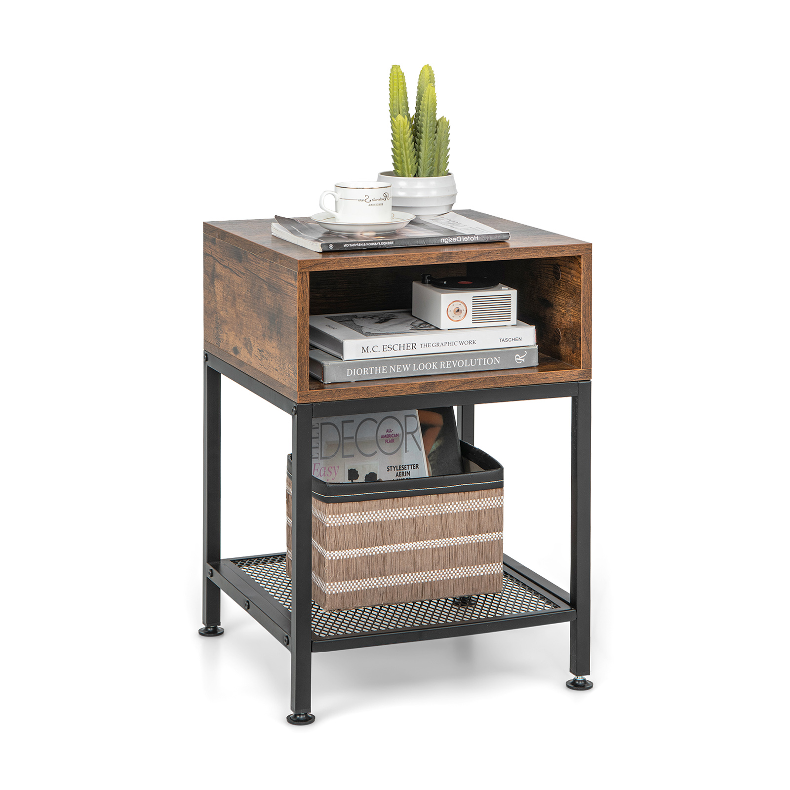 Industrial Nightstand End Side Table with Mesh Shelf - Image 2