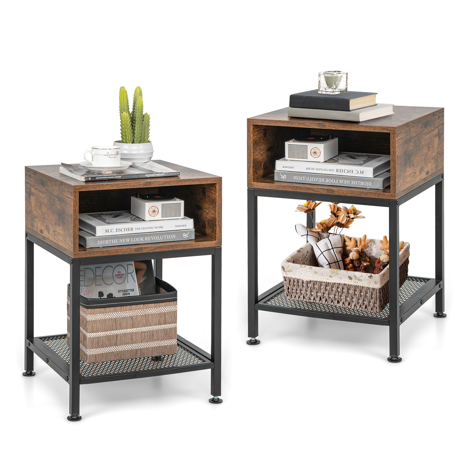 Industrial Nightstand End Side Table with Mesh Shelf - Image 3