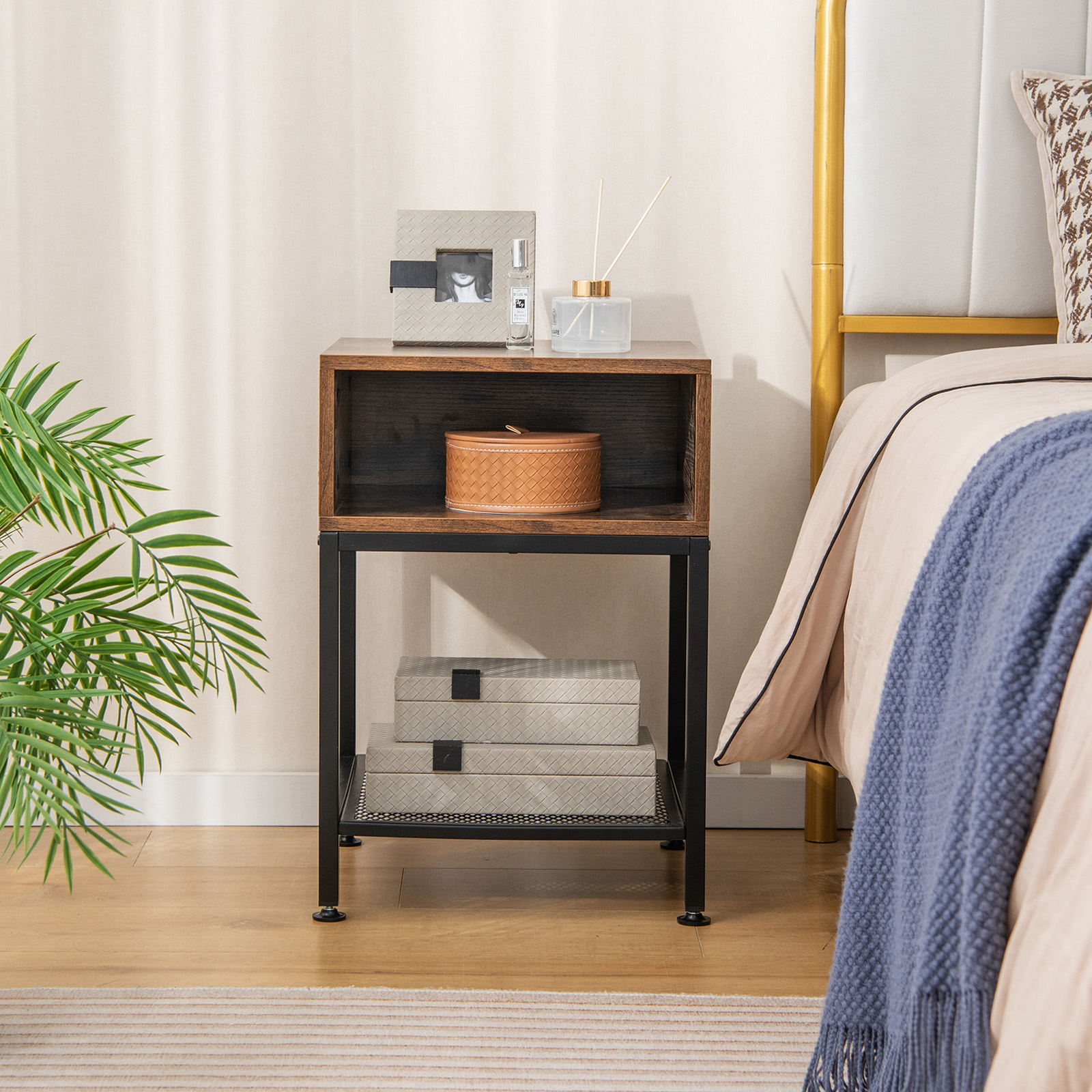 Industrial Nightstand End Side Table with Mesh Shelf - Image 5