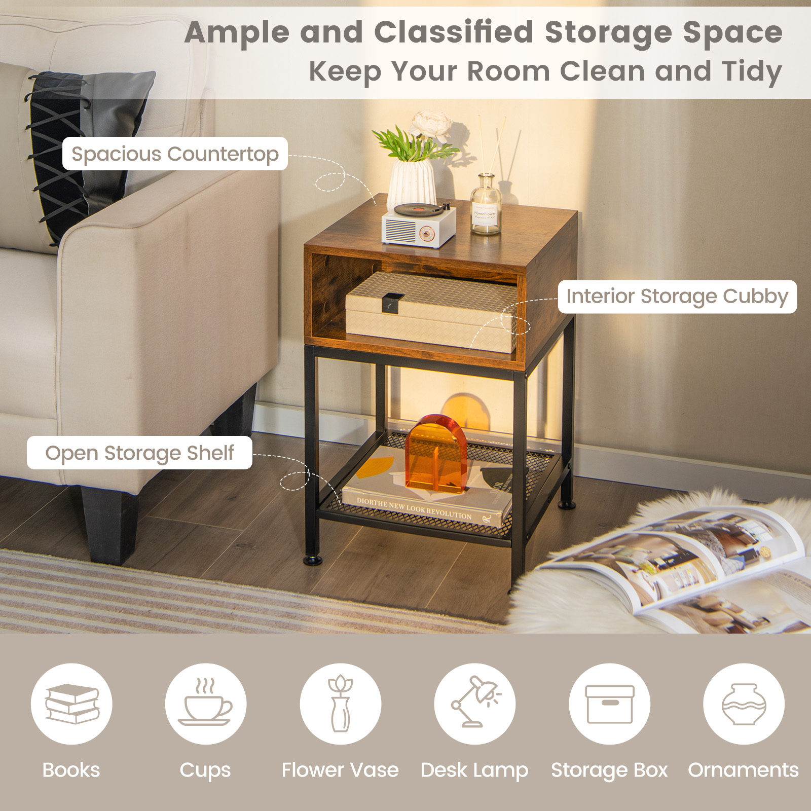 Industrial Nightstand End Side Table with Mesh Shelf - Image 6