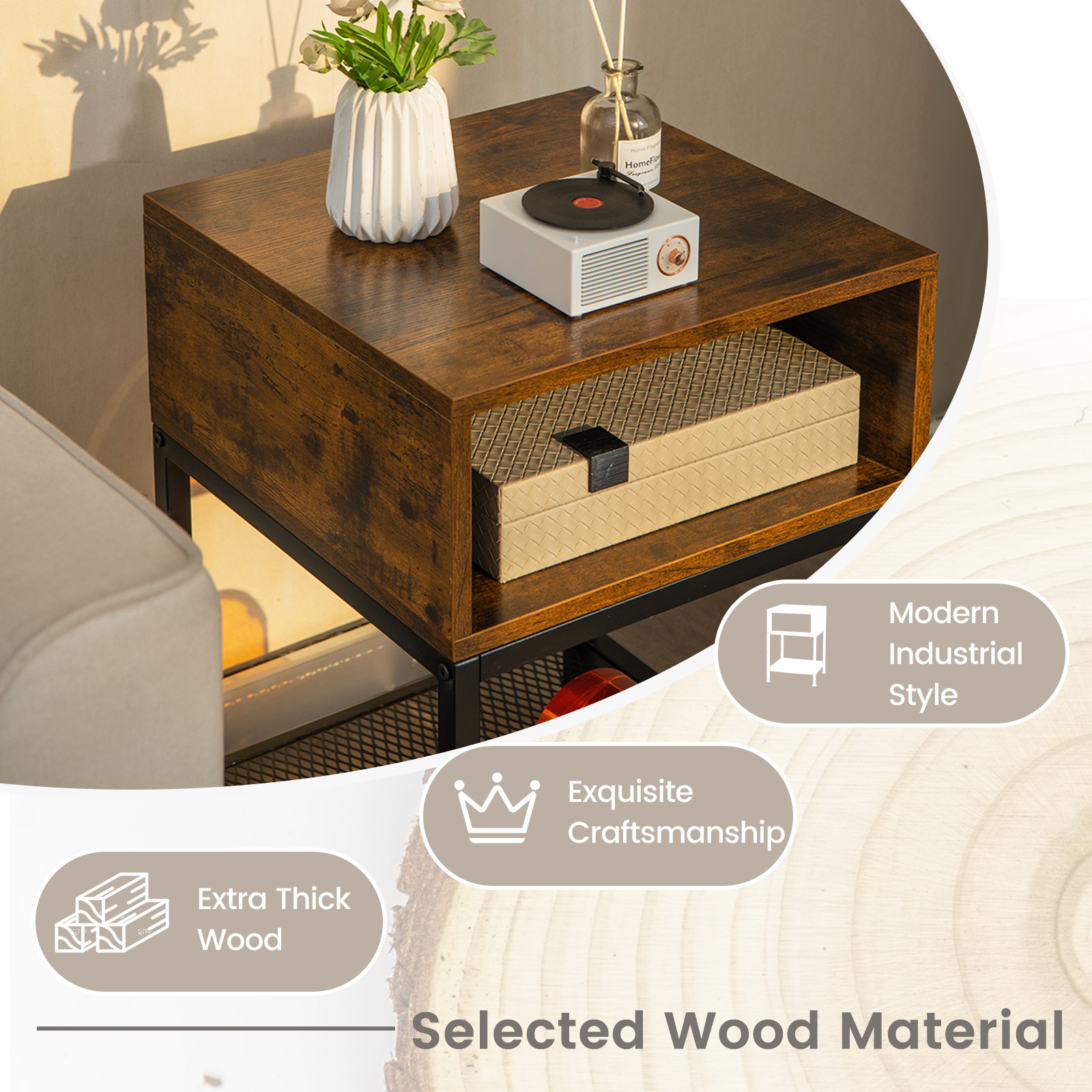 Industrial Nightstand End Side Table with Mesh Shelf - Image 7