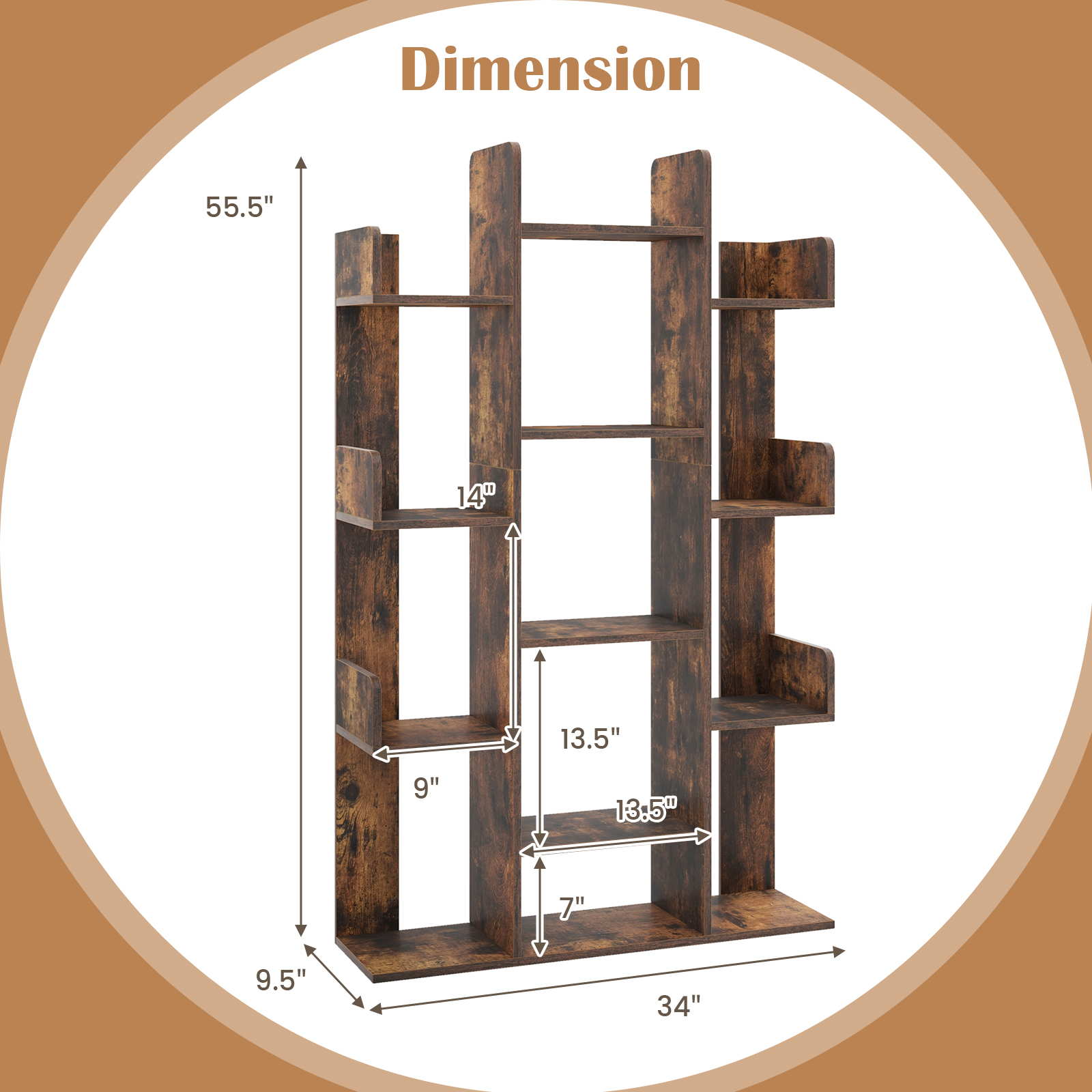 Tree-Shaped Bookshelf with 13 Compartments for Home Office-Rustic Brown - Image 4